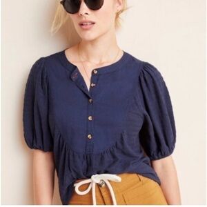 Anthropologie Elinor Textured Navy Blue Puff Short Sleeve Blouse